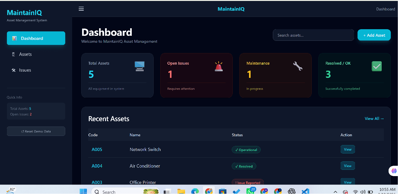 MaintainIQ dashboard showing asset, issue, maintenance and resolved-status summaries.