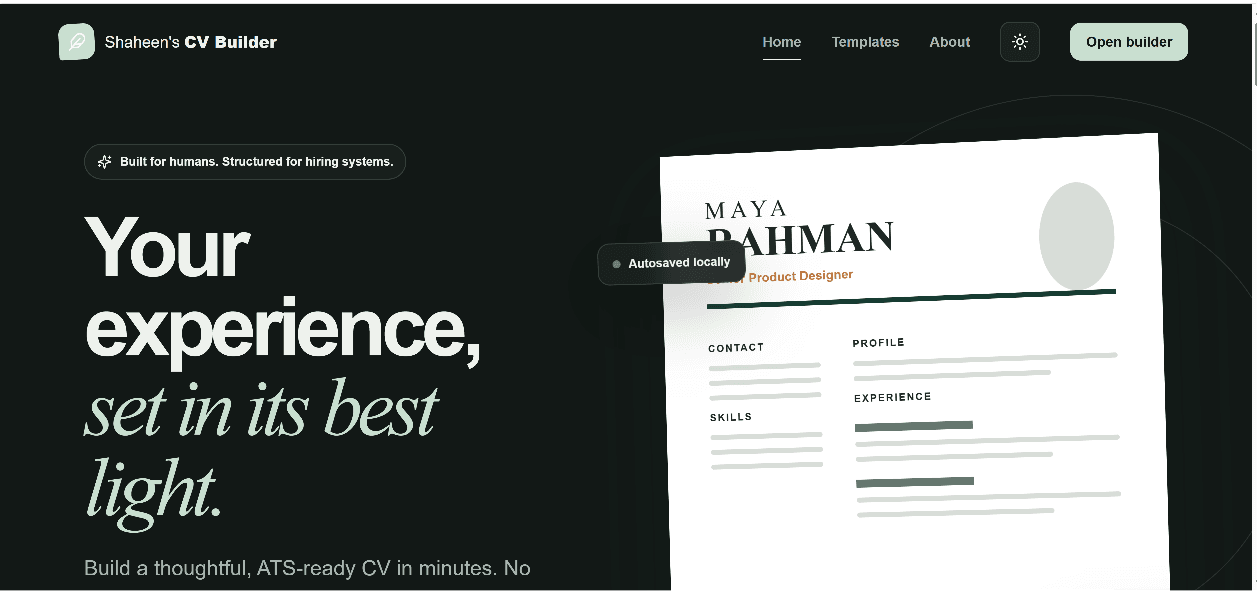 Shaheen's CV Builder landing page with an ATS-ready CV preview.