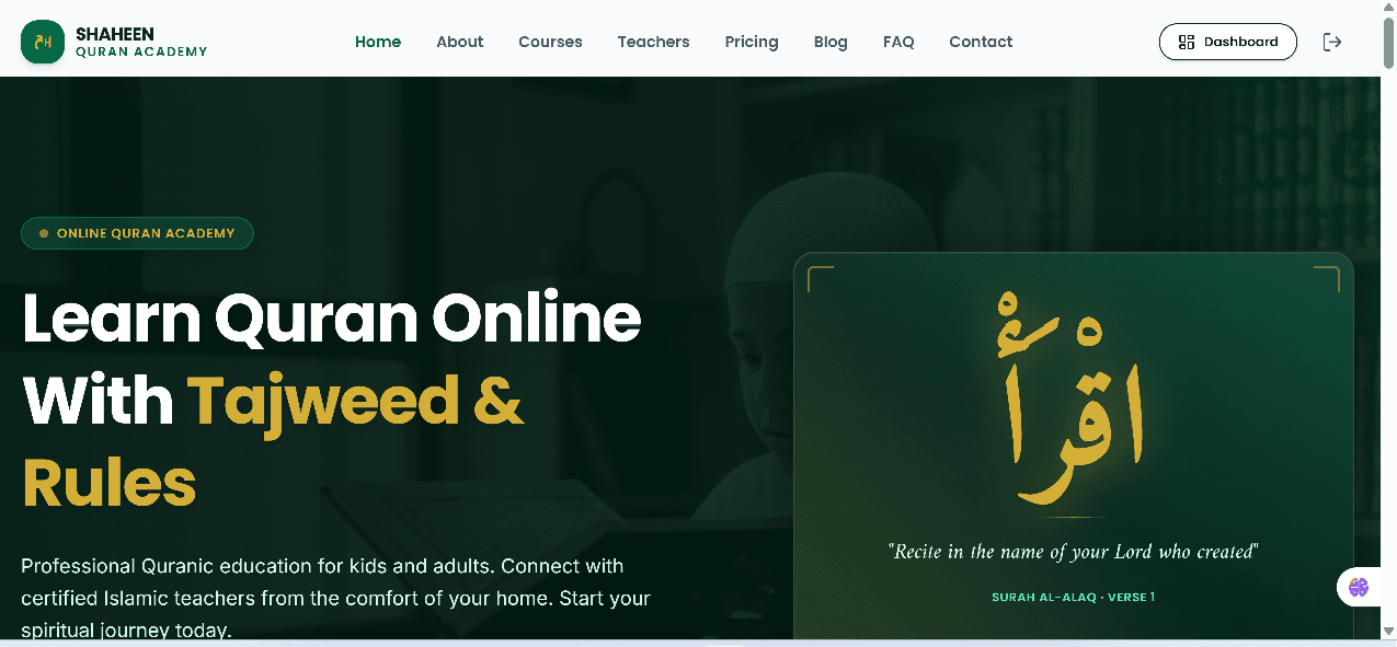 Shaheen Quran Academy landing page with online Quran learning introduction and Quran verse panel.